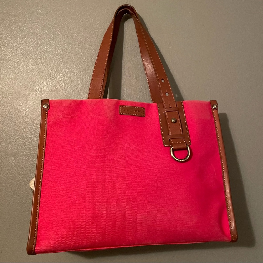 EUC Burberry Nova Check Large Red Plaid Canvas Leather Tote Work Bag Purse Auth!